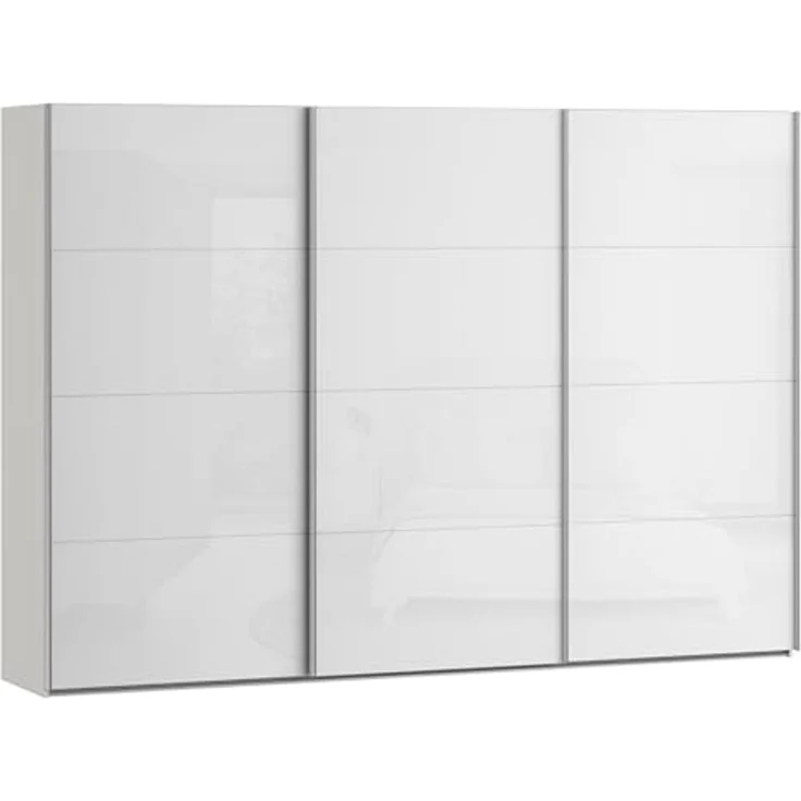 Forte SOPHISTISPACE Kleiderschrank 300, moderner Schwebetürenschrank, 3-türig, Einlegeböden, Kleiderstangen, Holzwerkstoff, Weiß/Weiß Glanz, 299,8 cm breit x 210,5 cm hoch x 62,9 cm tief – Bild 1