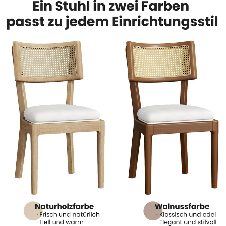 Esszimmerstühle 2er-Set 88cm×50cm×58cm aus Massivholz und Rattan – mit Leinenkissen, Walnuss – Bild 2