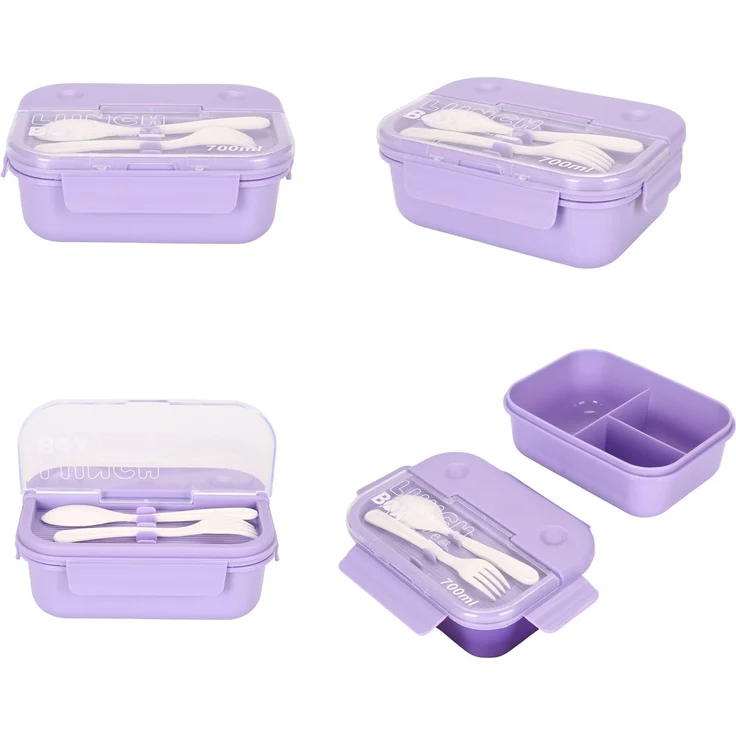 Lunchbox mit Besteck 700 ml – Brotdose mit 3 Fächern für Schule & Büro, Lila – Bild 3