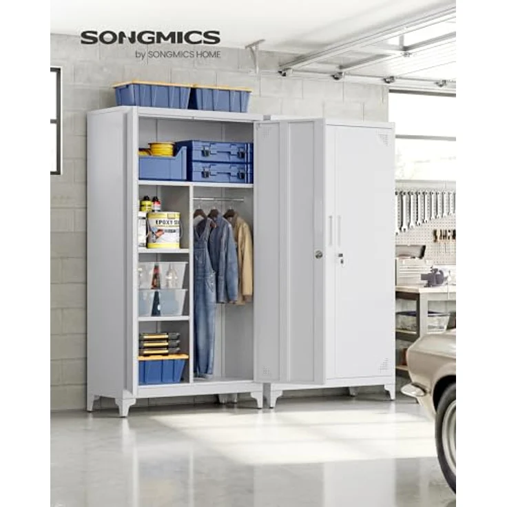 SONGMICS Mehrzweckschrank, Garderobenschrank, Aufbewahrungsschrank, Aktenschrank, Metallschrank, mit 2 Türen, 5 Fächern, Hängestange, abschließbar, hohe Füße, 80 x 40 x 165 cm, mattgrau OMC018GJ01 – Bild 3