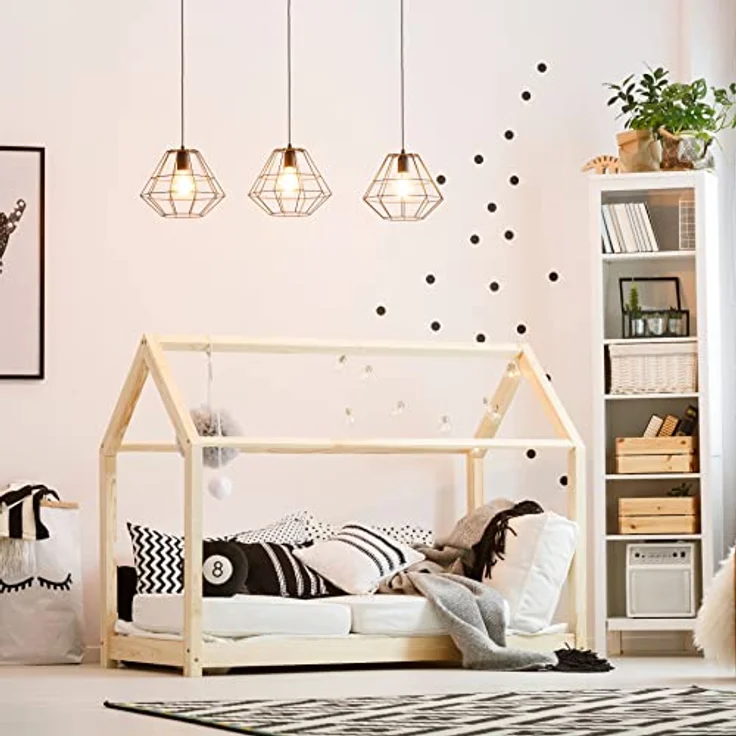 Rebecca Mobili Montessori Bett, Kinderbett, Hüttenform, Kiefer Natur, skandinavischer Stil, Lattenrost 80x160 cm - Art. RE6762 – Bild 3