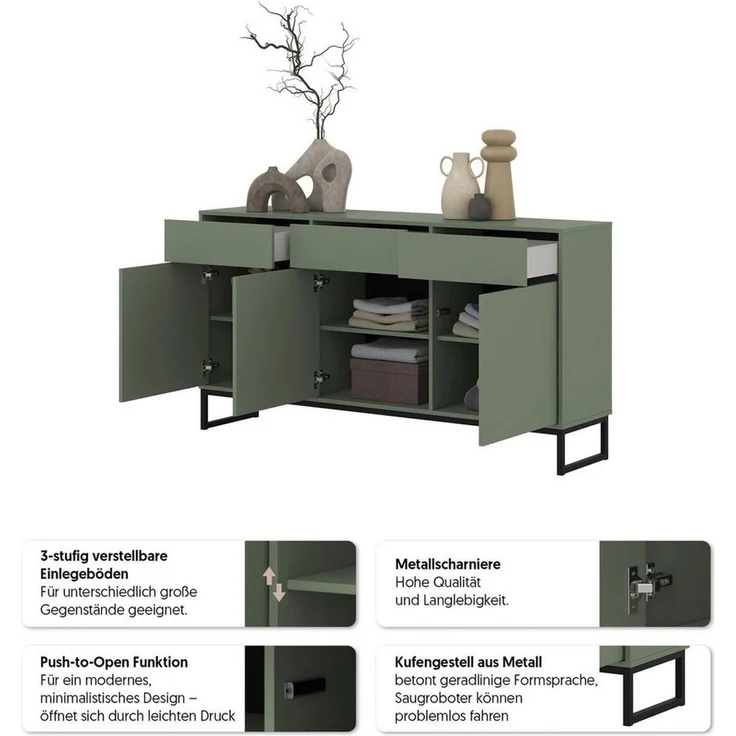 OTTO home Sideboard Loft, Breite 157 cm, grifflose Kommode 3 Türen/3 Schubkästen, Schubladenschrank mit viel Stauraum, Einlegeböden verstellbar – Bild 4