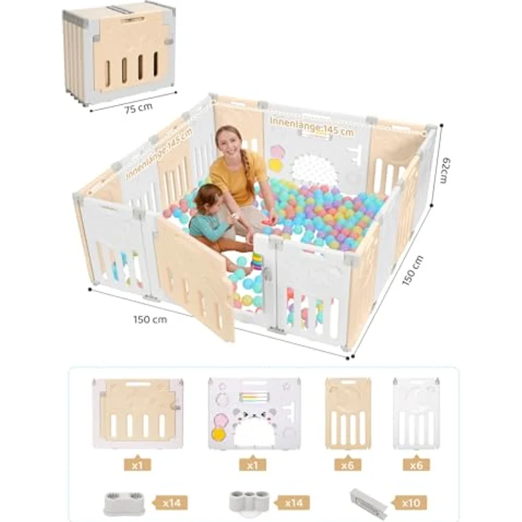 Dripex Faltbarer Laufstall Baby 150×150cm, Laufgitter Baby, Baby Playpen, Baby Laufstall mit Spielzeugboard, Laufstall in Anpassungsfähiger Form, Laufgitter aus Kunststoff, Gelb – Bild 3