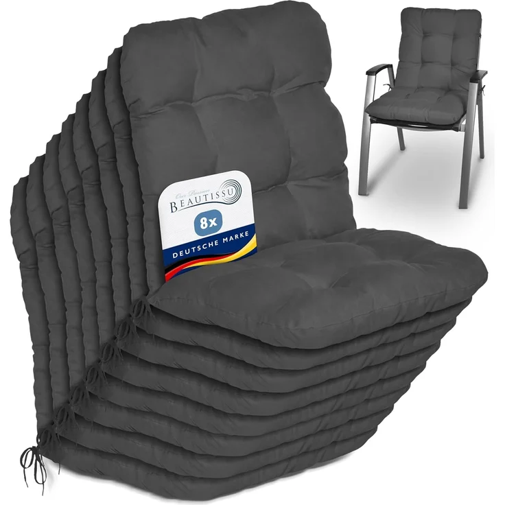 Beautissu Sitzauflage 8er Set Niedriglehner Auflagen Set Flair NL, 100x50x8cm, Graphitgrau, 8er Sitzkissen Niederlehner, Sitzpolster Gartenstuhl & Gartenmöbel