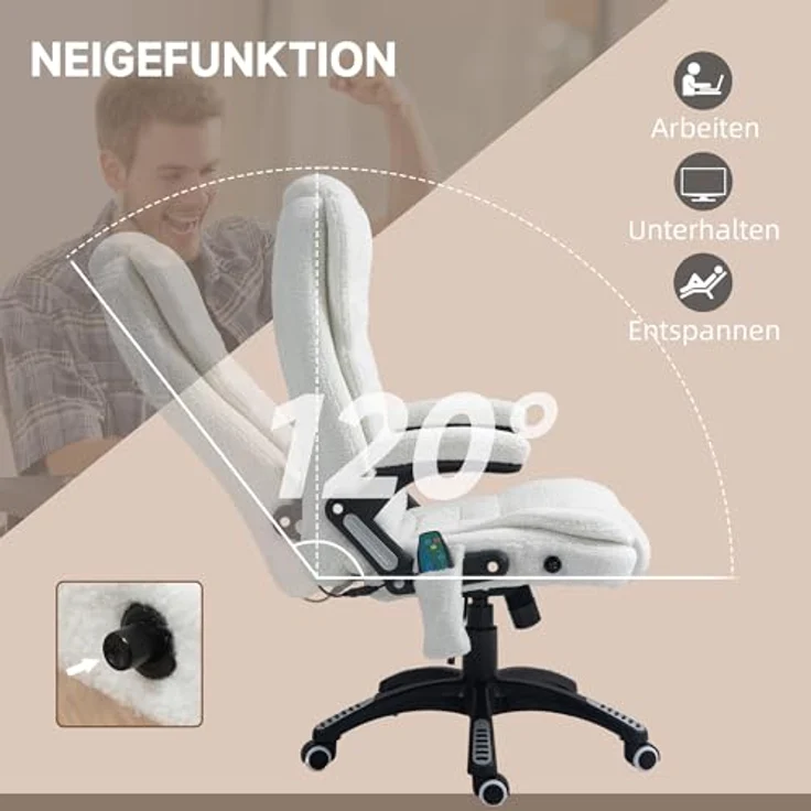 Vinsetto Schreibtischstuhl Bürostuhl mit Massagefunktion, mit Wärmefunktion, Chefsessel (Massagesessel, 1 St), für Wohnbereich, Weiß – Bild 8