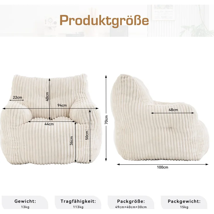Sitzsack 94x100x70 cm, 1 Stück, Cordbezug in Beige mit Memory-Schaumstoff-Füllung – Bild 5