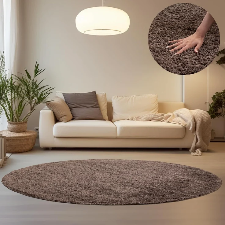 HomebyHome Hochflor Runder Teppich 200 cm Rund Einfarbig Taupe Teppich Langflor Shaggy Modern Teppich für Wohnzimmer, Schlafzimmer, Pflegeleicht Flauschig Weich Rund Großer Teppich