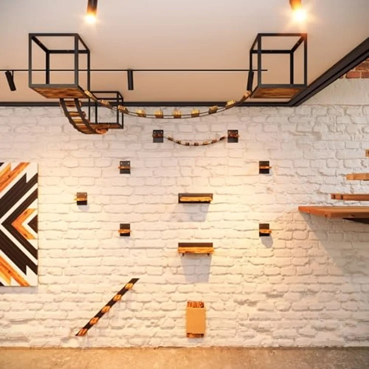 QLS Katzen-Kletterwand LOFT Wand- & Deckenmontage, Set Aus Metall pulverbeschichtet und Holz Geflammt 15 Teilig – Bild 4