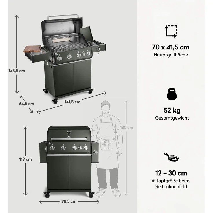 BURNHARD® 'Big FRED Deluxe' Gasgrill, 4-Brenner, Infrarot-Keramikbrenner, Heckbrenner, Seitenkochfeld, 70 × 41,5 cm Grillfläche – Bild 3