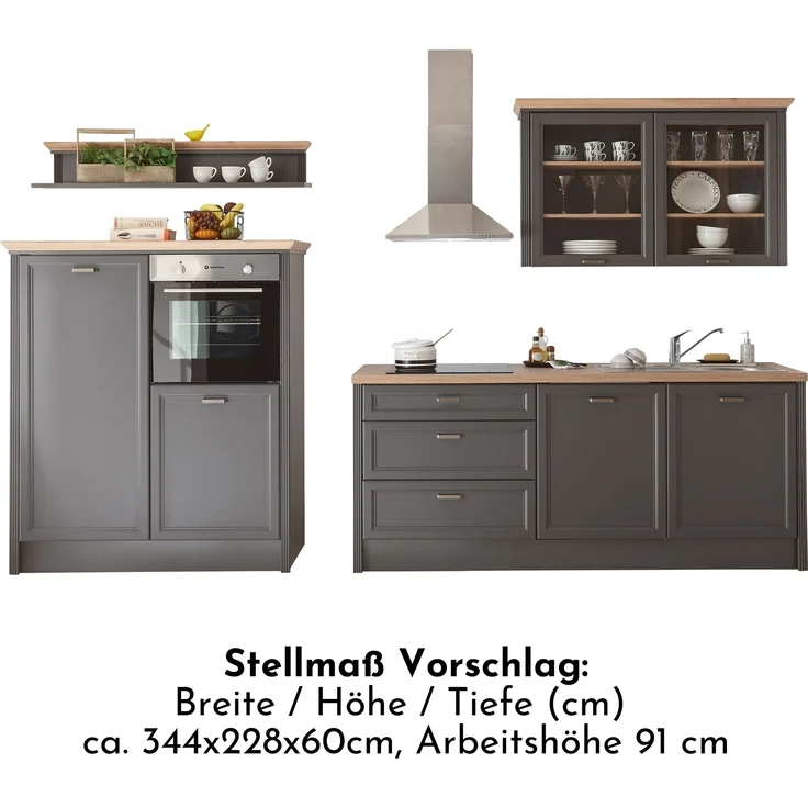JASMIN Moderne Küchenzeile ohne Elektrogeräte in Graphit, Artisan Eiche Optik - Geräumige Einbauküche im Landhausstil - 344 x 228 x 60 cm (B/H/T) – Bild 9