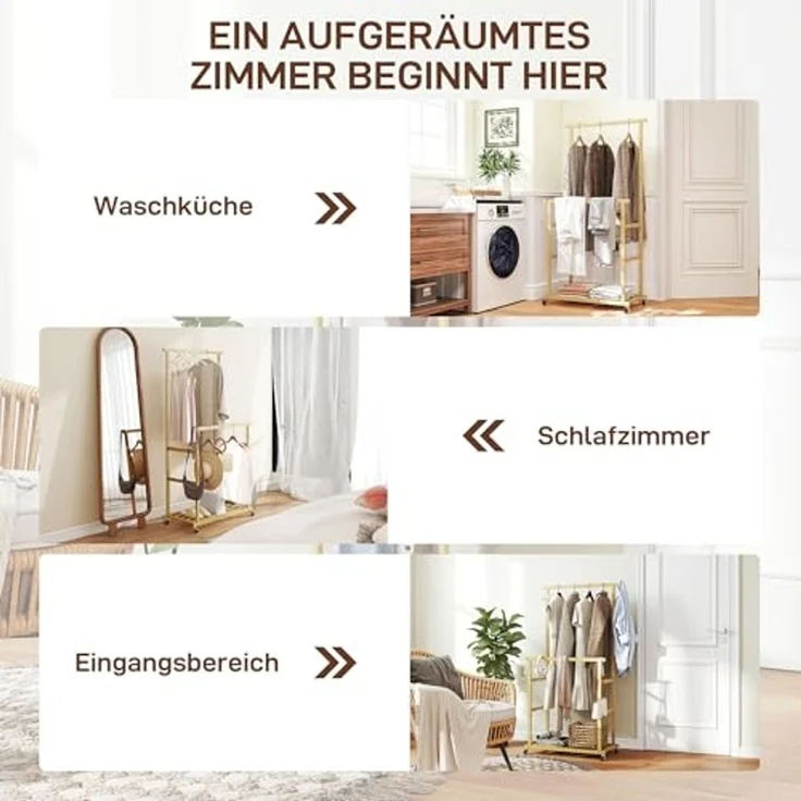HOMCOM Kleiderständer mit Rollen, Kleiderstange, Schuhablage, (Garderobe aus Bambus, 1 St, Garderobenständer), für Schlafzimmer, Ausstellungen, Waschküche, Natur – Bild 6
