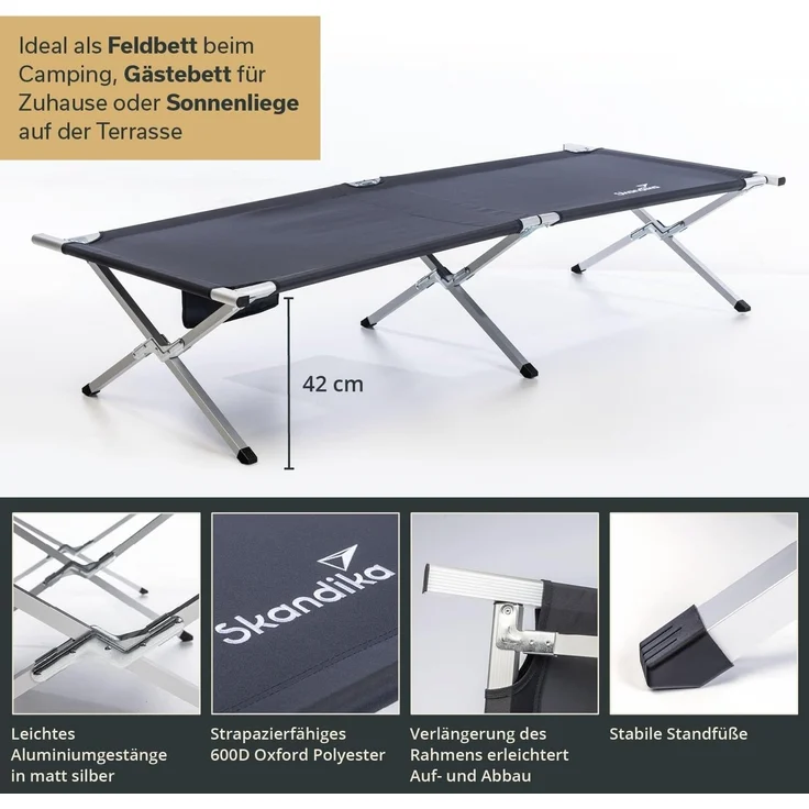 Skandika Feldbett Campingliege Vuoma, Klappbare Sonnenliege, Campingbett, max. 200 kg Organizer-Tasche, 210x75 cm, Anti-Rutsch-Füße, Tragetasche, Garten – Bild 2