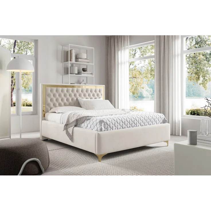 MEBLINI Polsterbett 180x200 mit Lattenrost ohne Matratze – ARONA GOLD – Beige Samt – Doppelbett mit Bettkasten - Stauraumbett - Kopfteil Bett mit Stauraum