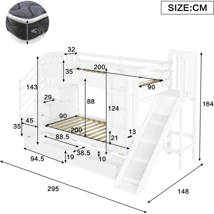 Merax Etagenbett, 90x200cm Kinderbett, Mit Bilderbuchregal, zwei Schubladen auf Rollen und Kinderrutsche, Treppenaufbewahrungs-Schrank, Weiß – Bild 4