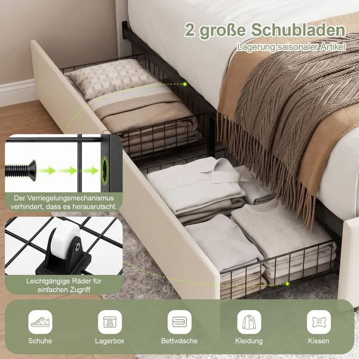 oyajia Polsterbett Kinderbett Stauraumbett, Ladestation & LED-Beleuchtung,PU-Kunstleder (Kopfteil hochstellbar, 4 Schubladen), Modernes Jugendbett, Leises Design Bett, Max. Belastbarkeit 350 kg – Bild 4