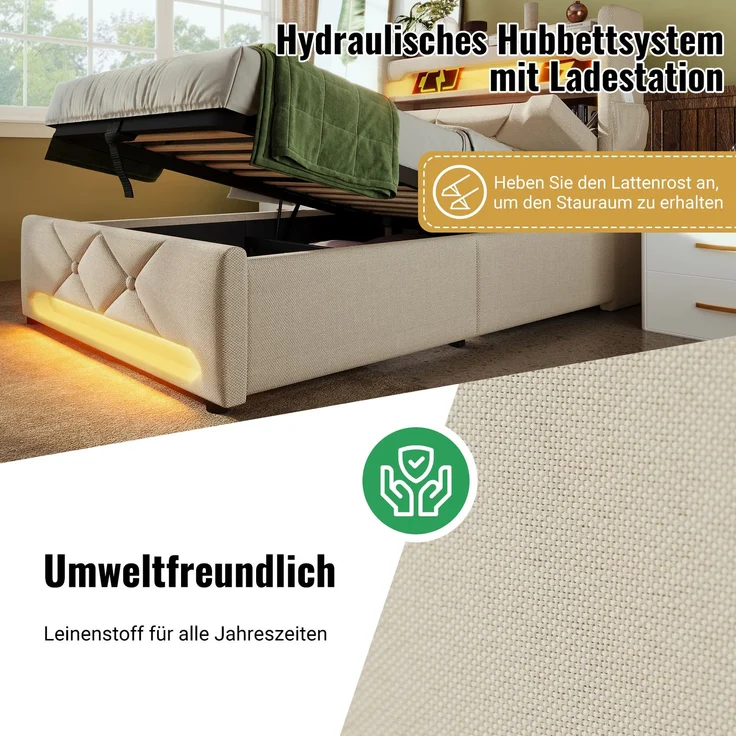 Merax Polsterbett 140*190cm, Doppelbett, Stauraum Kopfteil mit USB und Typ C-Port ,360-Surround-LED-Funktion rund um Kopf- und Fußende des, Leinen, Beige – Bild 7