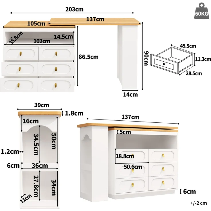 Bartisch ausziehbar mit 360° Drehfunktion, MDF Tischplatte, 6 Schubladen, Stauraumregal,Weiß – Bild 6
