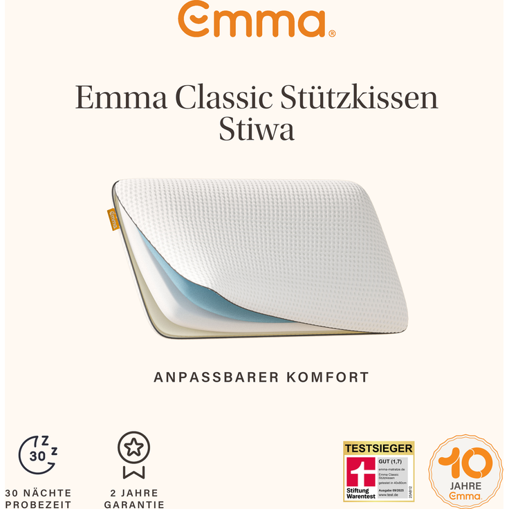 Emma 'Classic' Nackenstützkissen, Stiftung Warentest, 80x40 cm, Höhe 12 cm, 98 % Polyester / 2 % Elasthan weiß – Bild 2