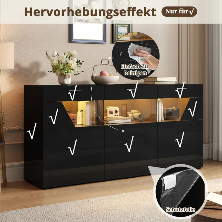 ZUBALIYA Sideboard 160x38x78 cm, mit LED-Beleuchtung, Hochglanz, mit 3 Türen, aus Spanplatte, Schwarz – Bild 18