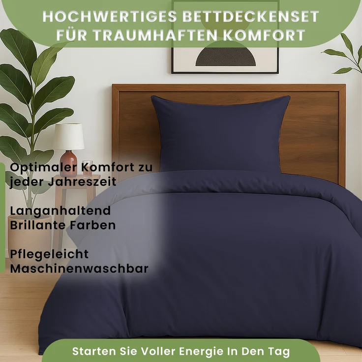Bettwäsche 2tlg 135x200cm Microfaser mit Reißverschluss atmungsaktiv Navy Blau – Bild 5