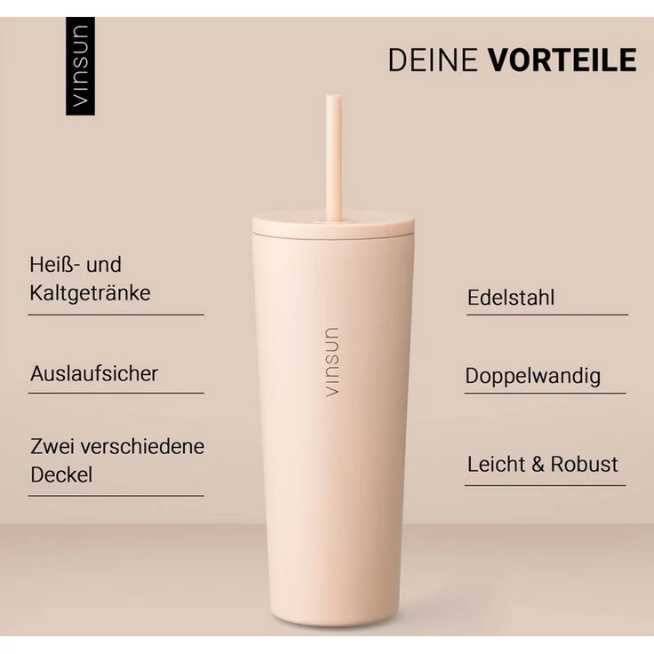Vinsun Thermobecher Edelstahl Becher mit Strohhalm 720ml - Isolierbecher auslaufsicher, 4-tlg, Edelstahl, Doppelwandig isoliert, BPA frei, bruchfest, Kalt- und Heißgetränke – Bild 2