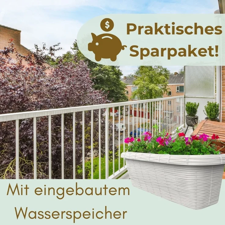 GarPet Balkonkasten 4er Set Blumen Kasten Balkon Geländer Wasserspeicher Rattan Weiß 60 cm – Bild 6