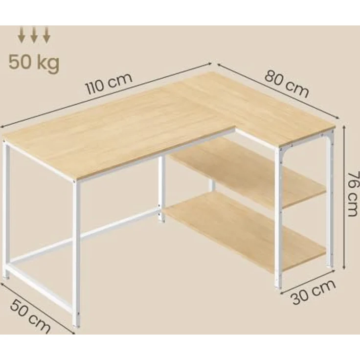 VASAGLE Eckschreibtisch in L-Form, Computertisch, 110 x 80 cm | mit Stauraum, höhenverstellbare Ablage, 2 AC-Steckdosen und 2 USB-Anschlüssen, Natürliche Eiche, BARNET Kollektion LWD135Y101 – Bild 3