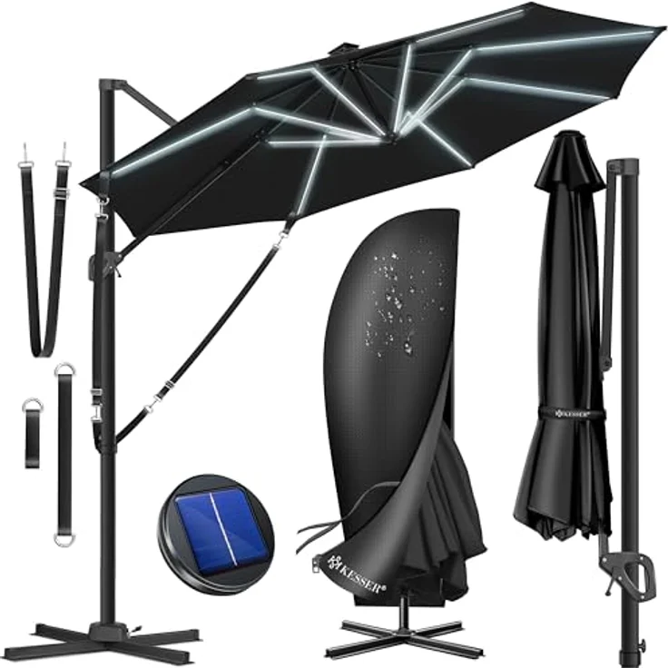 KESSER® Sonnenschirm Ampelschirm Sun Rund XL, Schwarz, Mit LED – Bild 2