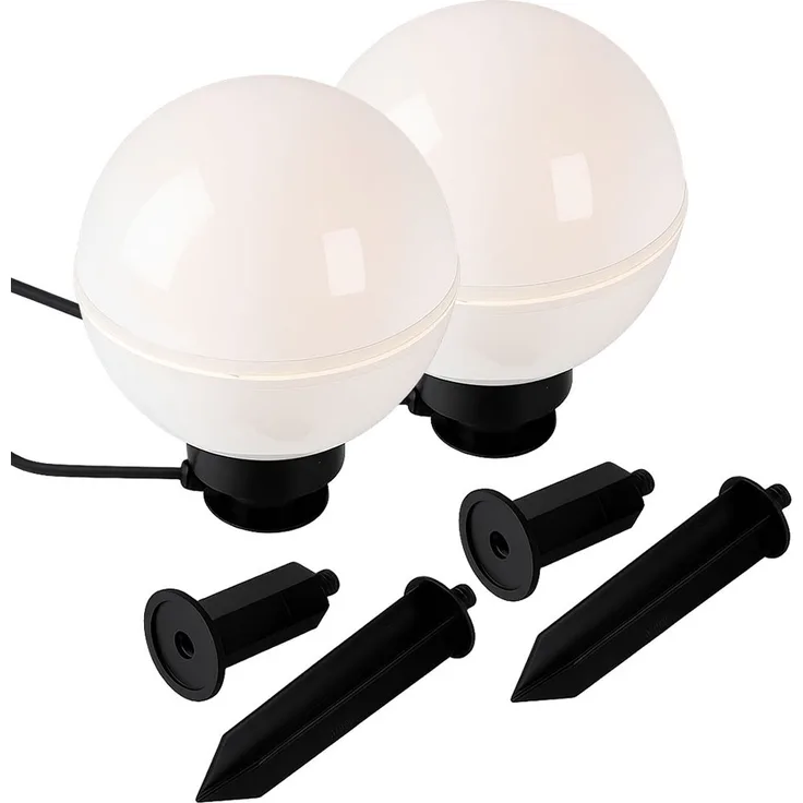 2x Außen Steckleuchten, Kugel, weiß, Erdspieß, Kabel, D 20 cm