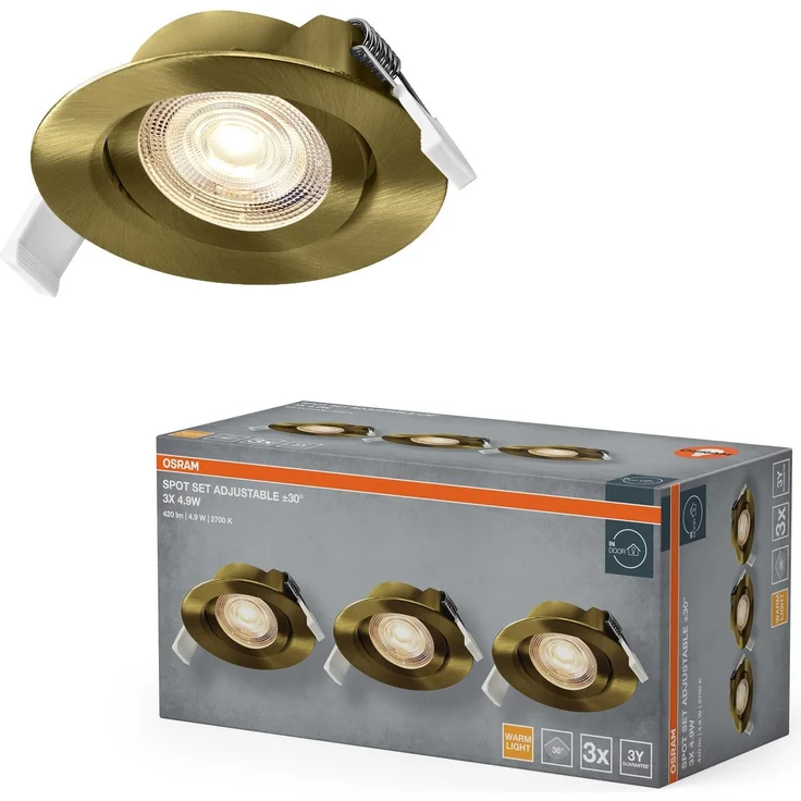 Osram Spot Set LED Einbaustrahler, 4,9W, 2700K, Deckenspot 36°, Messing, Aluminium/Kunststoff, schwenkbar, IP20, 3er-Set – Bild 1