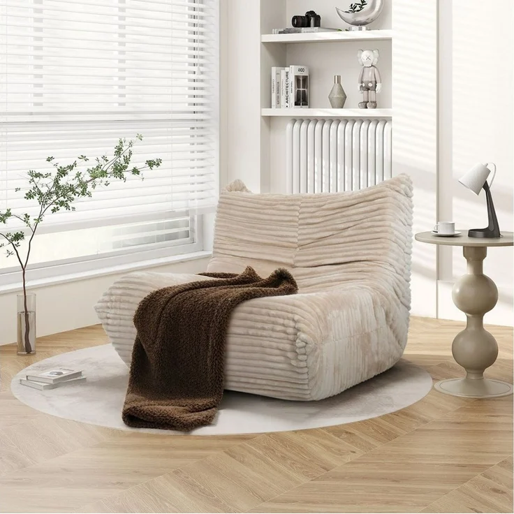 Puluomis Sitzsack XXL Riesen Beanbag Sessel 90 x 100 cm mit 30D Neuschwamm-Füllung (und seitlichen Taschen, für das Wohnzimmer beige) – Bild 2