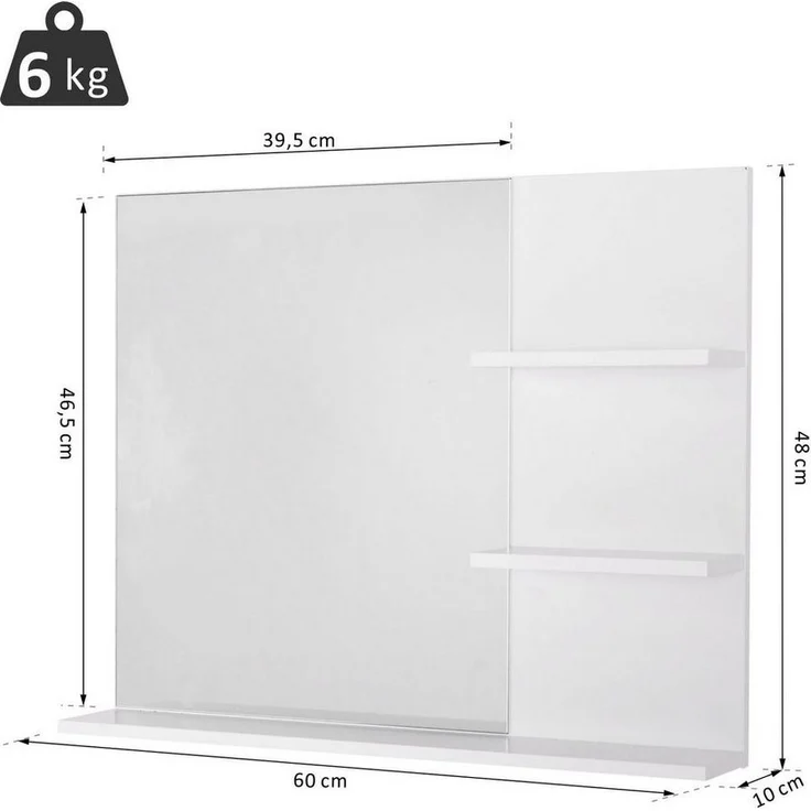 Kleankin Spiegel Badspiegel mit 3 Ablagen, Wandspiegel Badezimmerspiegel (Spiegelregal, 1-St, für Badezimmer), Weiß, 60 x 10 x 48 cm – Bild 2