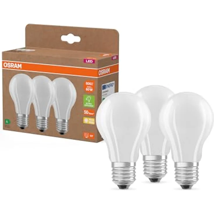 Osram Hocheffiziente LED Lampen mit Energieeffizienz Klasse A, Vorteilspack mit 3 Leuchtmittel, ersetzt herkömmliche 60W Glühbirnen, Birnenform, warmweiß(2700K), E27, mattes Glas – Bild 2
