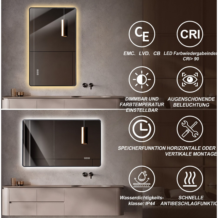 LED-Badezimmerspiegel 60x100 cm mit Aluminiumrahmen, Anti-Beschlag, Schwarz, horizontal/vertikal – Bild 7