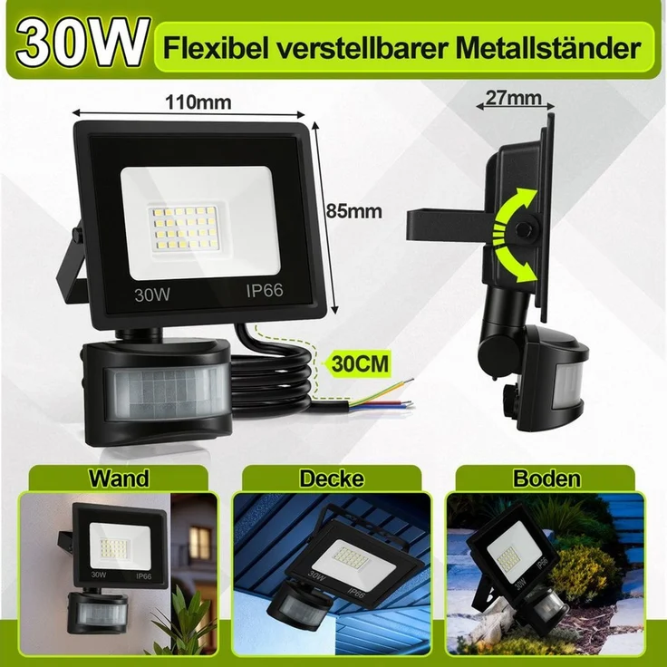 Clanmacy LED Flutlichtstrahler LED Fluter mit Bewegungsmelder 30W Außenleuchte Kaltweiß Spotlight – Bild 1