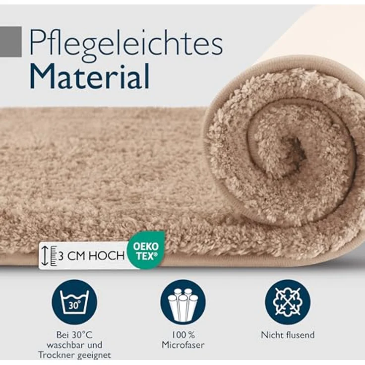 Beautissu Badematte BeauMare FL, rutschfester Hochflor Badteppich in Natur, 60x50 cm, 30 mm Höhe, waschbar, Shaggy Optik – Bild 6