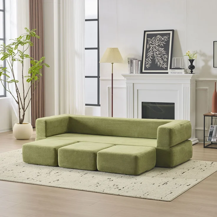 Wohnora-Ebern Designs Wandelbares Sofagarnitur mit 3 Fußstützen – Bett aus hochelastischem Schaumstoff, platzsparendes Chenille-Bodensofa für Studio-Apartments und Heimbüros Grün,H 50cm x T 201cm x B 755cm,Grün – Bild 2