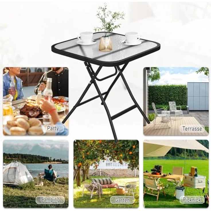 eSituro Klapptisch, Beistelltisch klappbar, Balkontisch Campingtisch Gartentisch Bistrotisch, mit Metallrahmen, rechteckige Tischplatte aus gehärtetem Glas, 46 x 46 x 48 cm, Schwarz+transparent – Bild 8