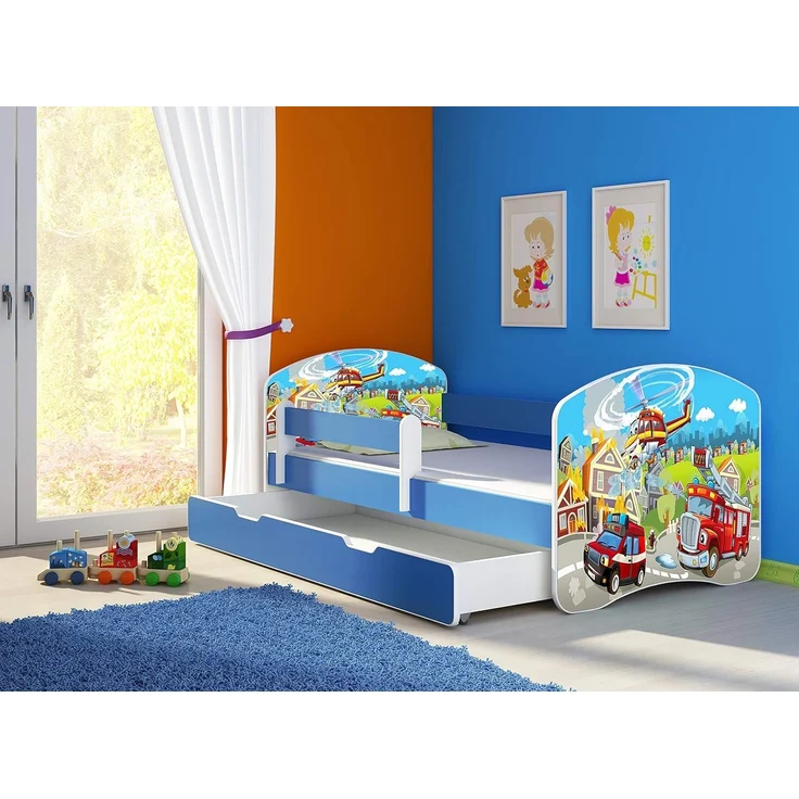 ACMA Kinderbett Jugendbett mit Einer Schublade und Matratze Blau mit Rausfallschutz Lattenrost II 140x70 160x80 180x80 (36 Feuerwehr, 180x80 + Bettkasten) – Bild 2