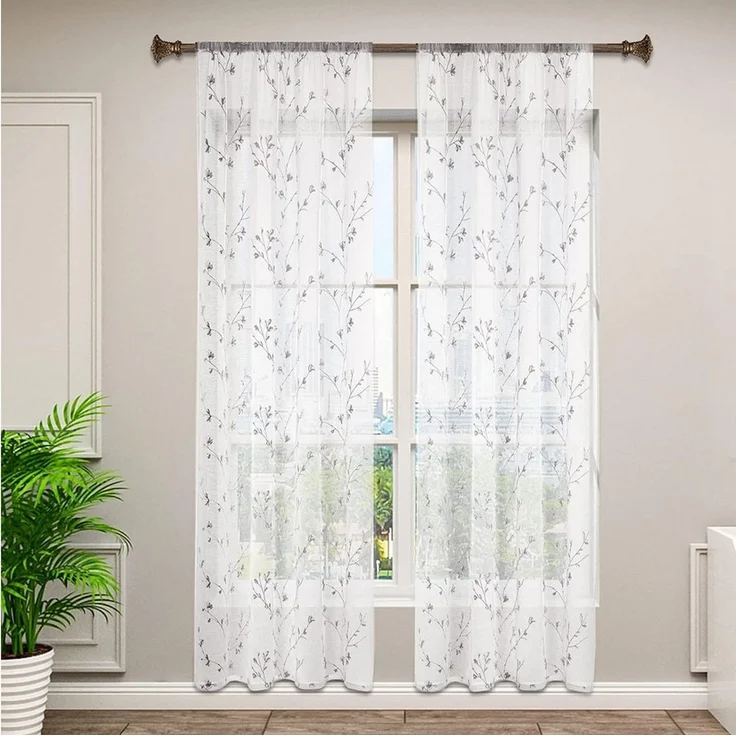 Woltu Gardine (2 St), halbtransparent, transparent Stickerei mit Kräuselband Leinen Optik – Bild 1