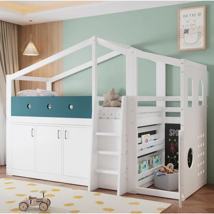 Halbhohes Kinderbett 90x200 cm in Hausform mit Spielbereich und Stauraumschrank – weiß – Bild 4
