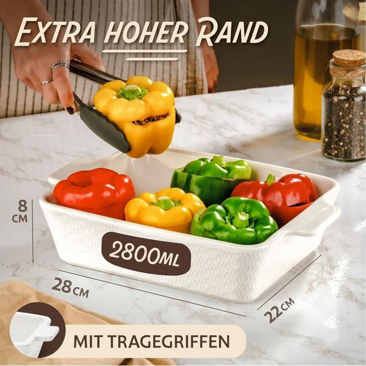 Praknu Auflaufform Auflaufform Groß aus Keramik Weiß, Keramik, (1-St), Für 4 Personen Lasagne, Tiramisu & Auflauf - Hoher Rand - Rechteckig – Bild 3