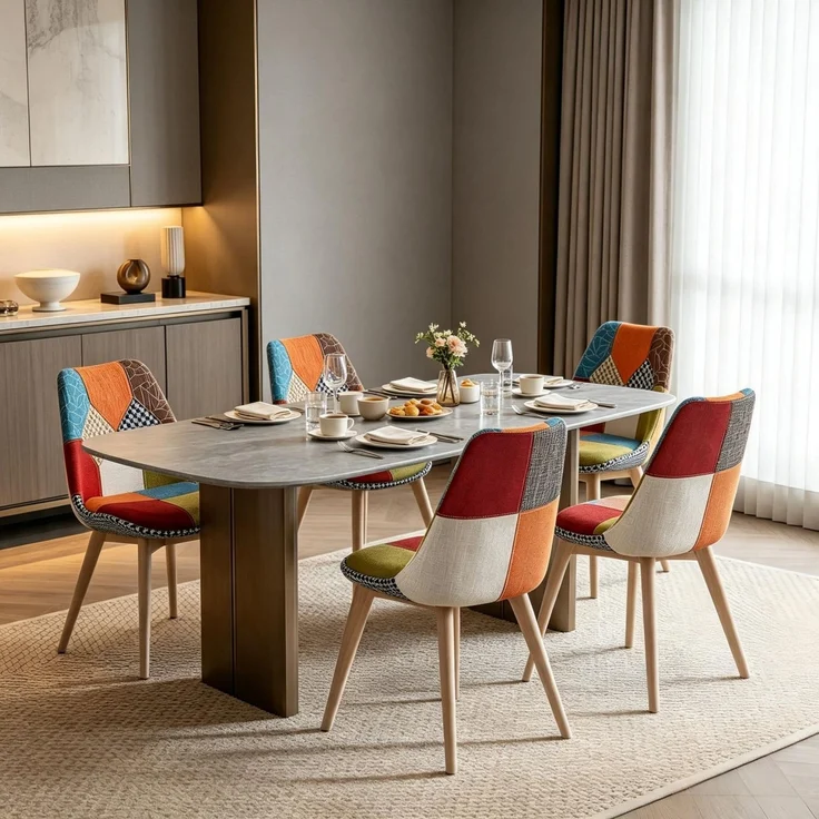 Esszimmerstühle 4er-Set, 59×49,5×82 cm, mit Patchwork-Bezug und Massivholzbeinen – Bild 3