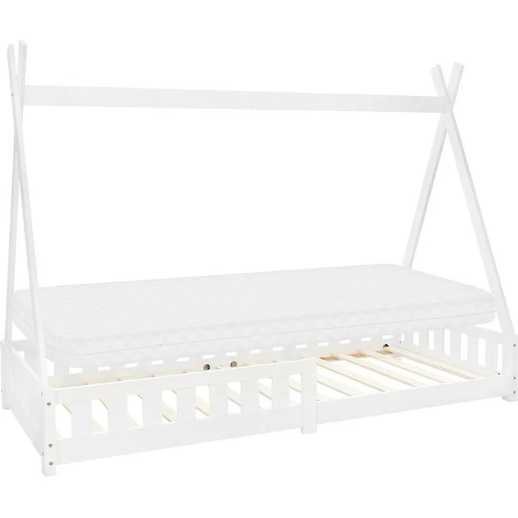 ML-DESIGN Spielbett Hausbett Tipi Zeltbett inkl. Lattenrost Bodenbett Kinder Himmelbett, Abenteuerbett mit Rausfallschutz Zelt Bett Kiefer Weiß Kinderhaus – Bild 1