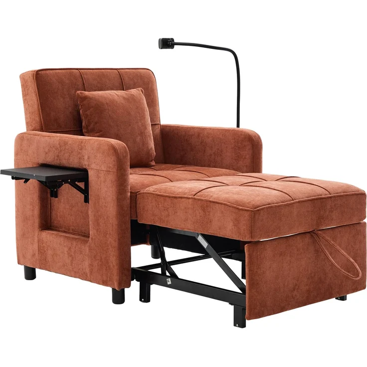 LVHOM Multifunktionaler Schlafsessel mit klappbarer Ablage, Ausziehbares 1-Sitzer Schlafsofa mit Handyhalter und Seitentaschen, Loungesessel, Orange – Bild 2