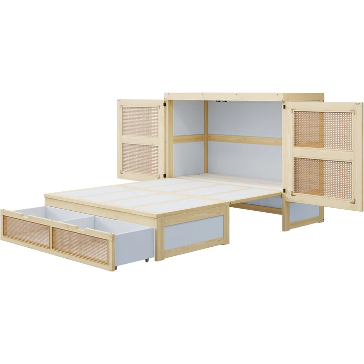CHICFURN Bett aus Holz in Naturholz 140x200 cm mit Stauraumschubladen und Rattan-Design – Bild 8