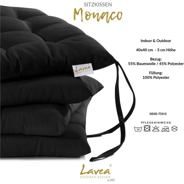 Lavea Stuhlkissen MONACO - weich gepolsterten Sitzkissen Set (4er & 8er), 40x40x3 cm, mit Stoffbändern, Indoor & Outdoor, für Garten & Balkon – Bild 2