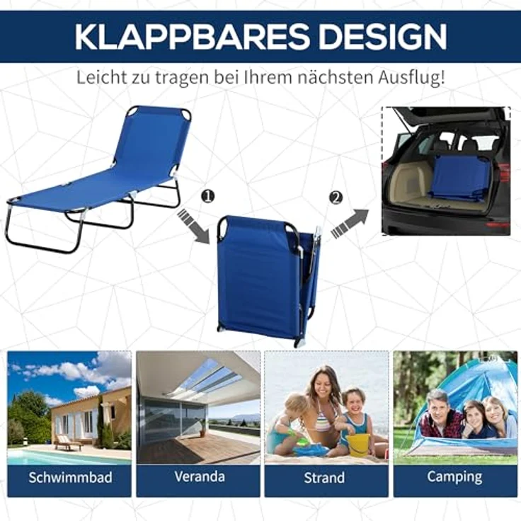 Outsunny Sonnenliege Gartenliege Wellnessliege Strandliege klappbar mit Sonnenschutz Blau 187 x 58 x 36 cm – Bild 5