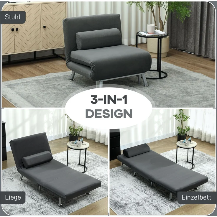 Klappsessel mit Bettfunktion, Klappbarer Relaxsessel in Samtoptik, verstellbare Rückenlehne, 75 x 70 x 75 cm, Dunkelgrau--Dunkelgrau--75x70x75cm--YOUDENOVA – Bild 6