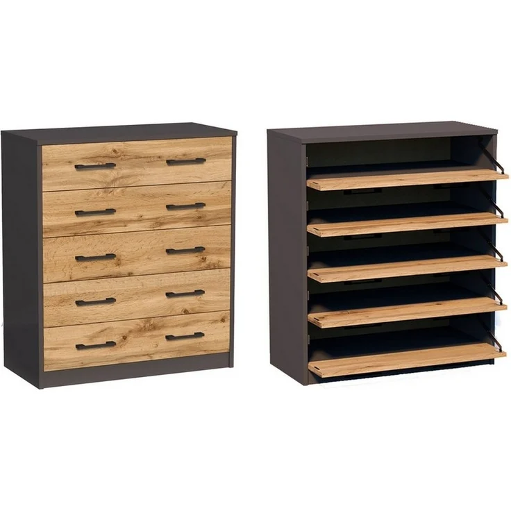 Home Collective Schuhschrank mit 5 aufklappbaren Schubladen, Schuhregal mit 5 Fächern (matte Oberfläche, platzsparende Schuhaufbewahrung) weiche abgerundete Kanten, 74 cm breit laminierte Platte graphit Eiche – Bild 2